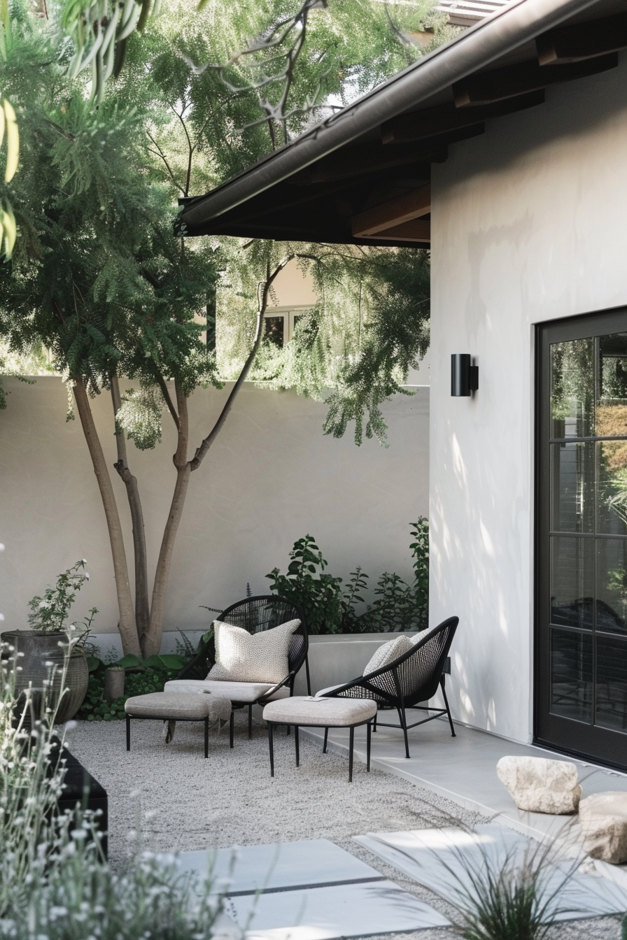 A serene outdoor seating area with stylish black chairs and matching footrests on white gravel, surrounded by greenery and a modern home.
