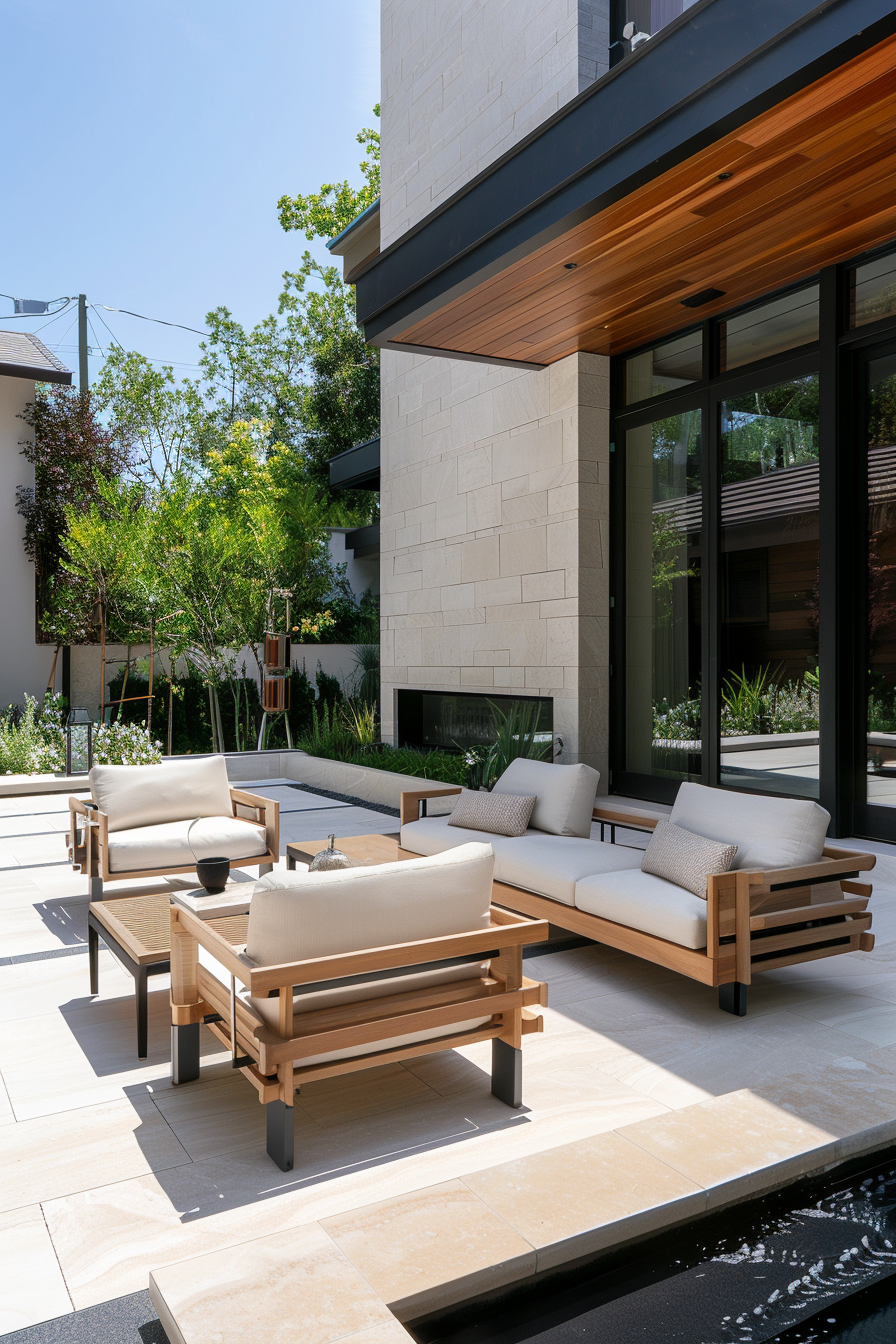 Modern outdoor patio with comfortable seating, a stone fireplace, and lush greenery in a residential setting.