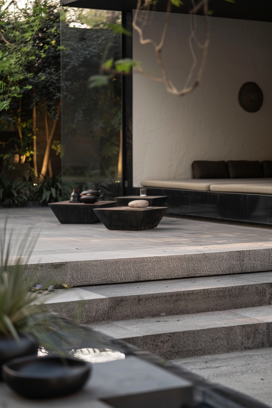 ALT: A tranquil outdoor patio with modern decor, featuring large dark bowls on steps leading up to a sleek seating area with lush greenery.