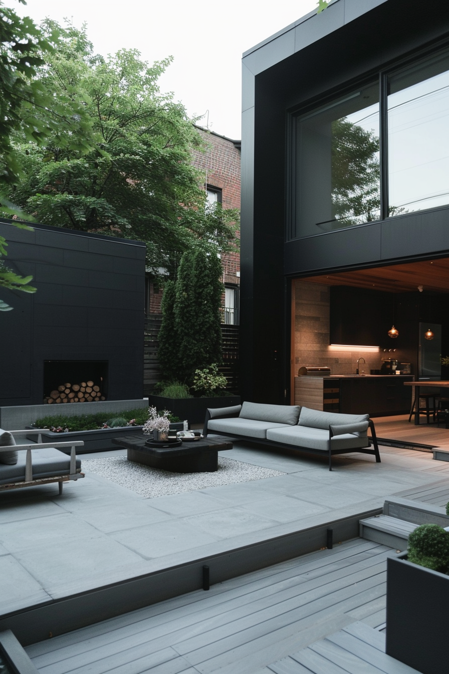 Modern outdoor patio with a seating area, fireplace, and open kitchen, surrounded by greenery and a dark facade.