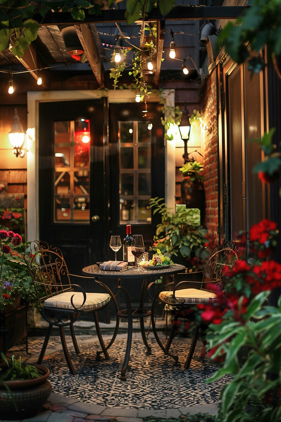 A cozy outdoor dining area at night with string lights, a wine bottle with glasses, and surrounded by lush plants.