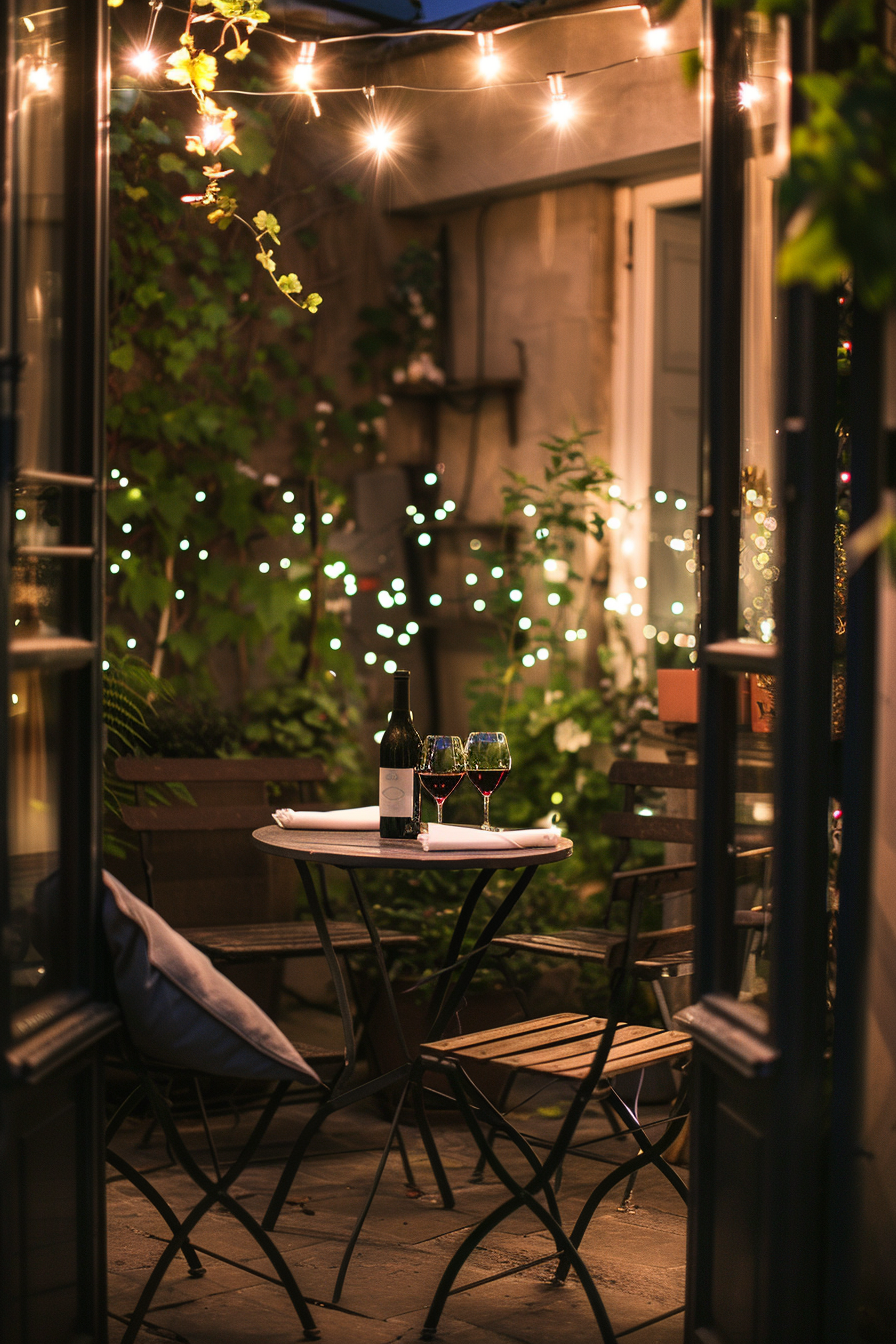 Cozy outdoor patio at dusk with twinkling string lights, a bottle of wine, and two glasses on a small table.