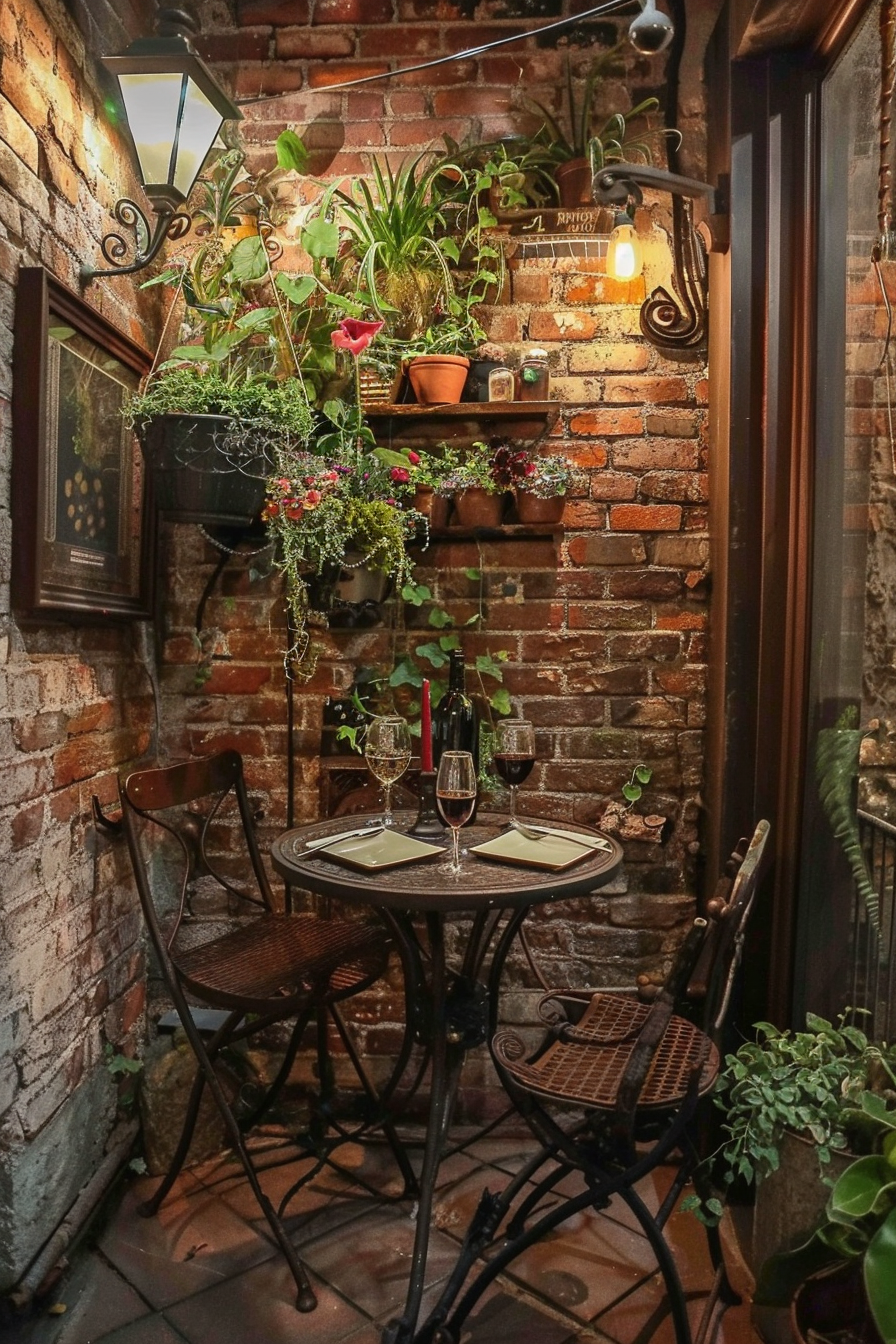 Cozy corner bistro setting with a wine bottle, two glasses, and green plants against a brick wall.