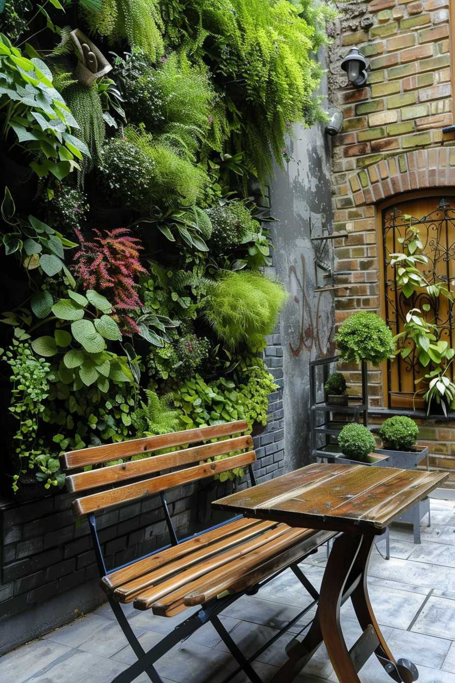 A cozy outdoor seating area with a wooden bench and table against a lush vertical garden alongside a brick wall with a door.