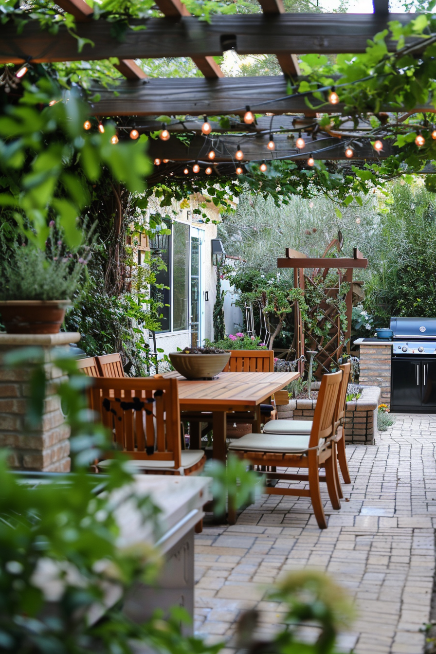 Cozy backyard patio with wooden furniture, string lights, plants, and BBQ grill under a pergola.