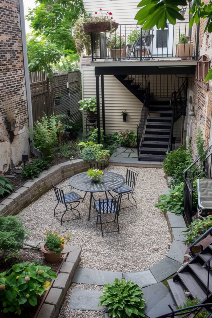 A cozy urban garden patio with a metal table set, surrounded by lush plants and a brick building, with stairs leading to a deck.