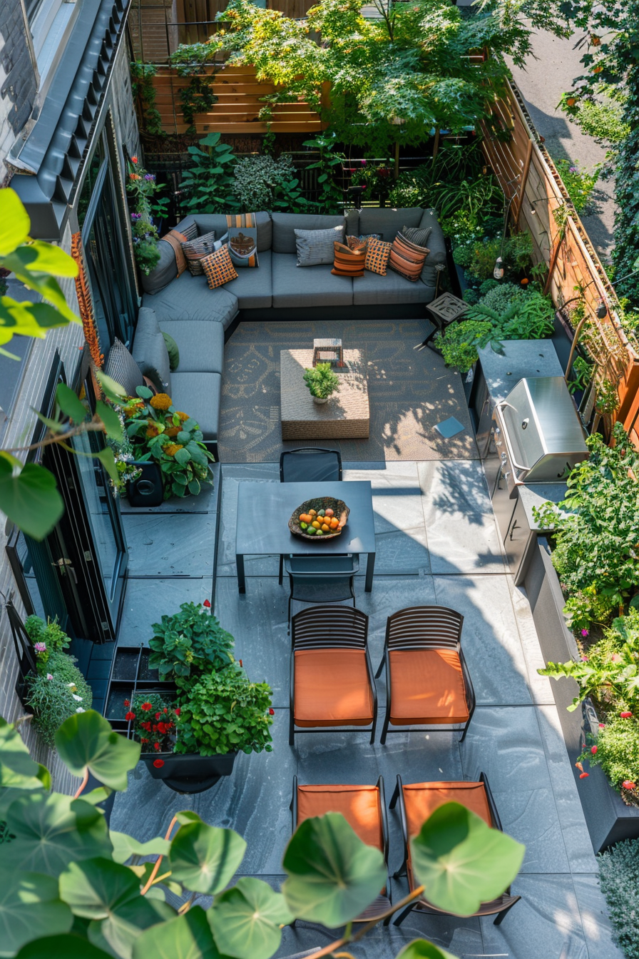A cozy rooftop garden with modern furniture, a BBQ grill, and lush green plants surrounding a central seating area.