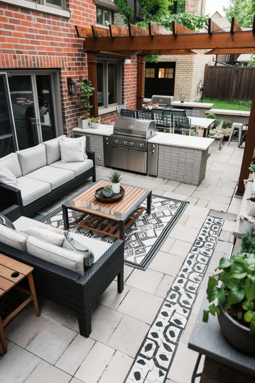 Cozy backyard patio with wicker furniture, patterned rugs, and an outdoor kitchen with a grill.