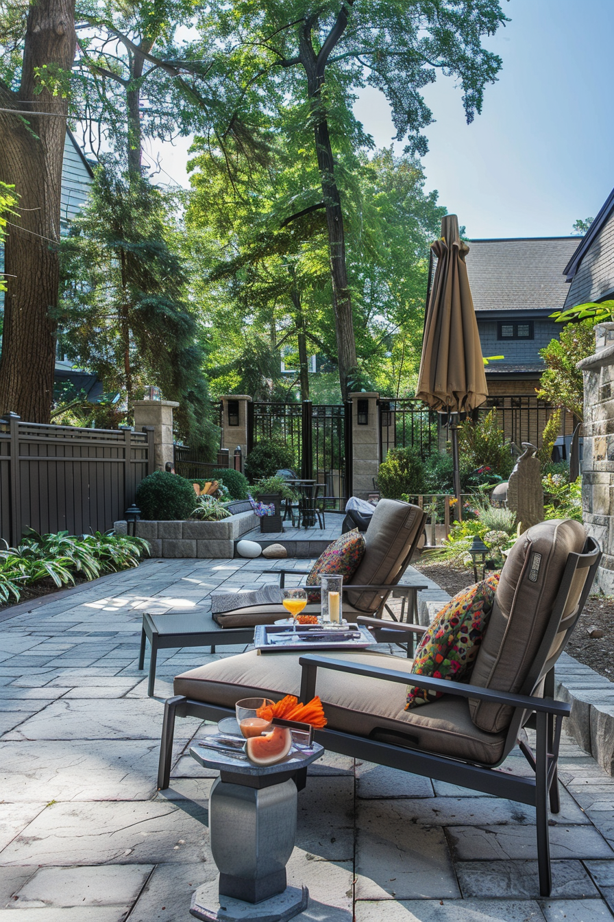 Luxurious backyard patio with comfortable lounge chairs, decorative pillows, and a serving table with refreshments, surrounded by lush greenery.