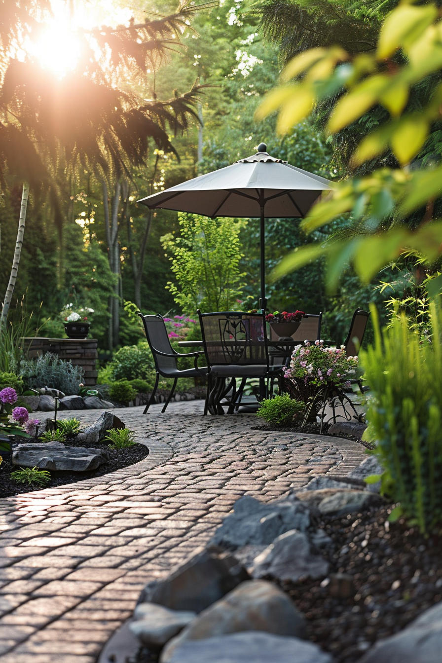 Sunset light filters through trees onto a serene garden patio with a table, chairs, and an umbrella, surrounded by lush greenery and flowers.