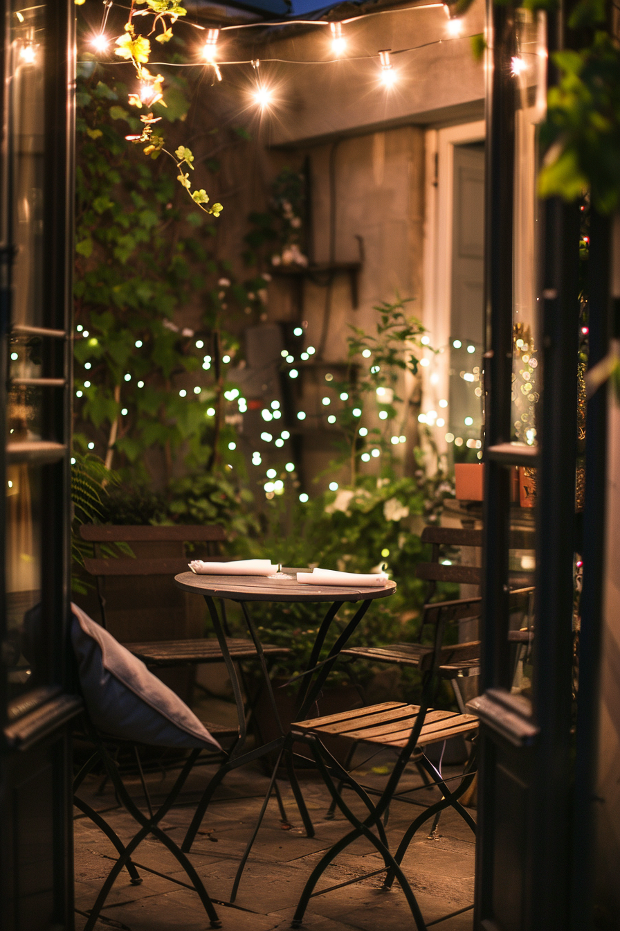 Cozy balcony with string lights, plants, and a small table set for an intimate evening.