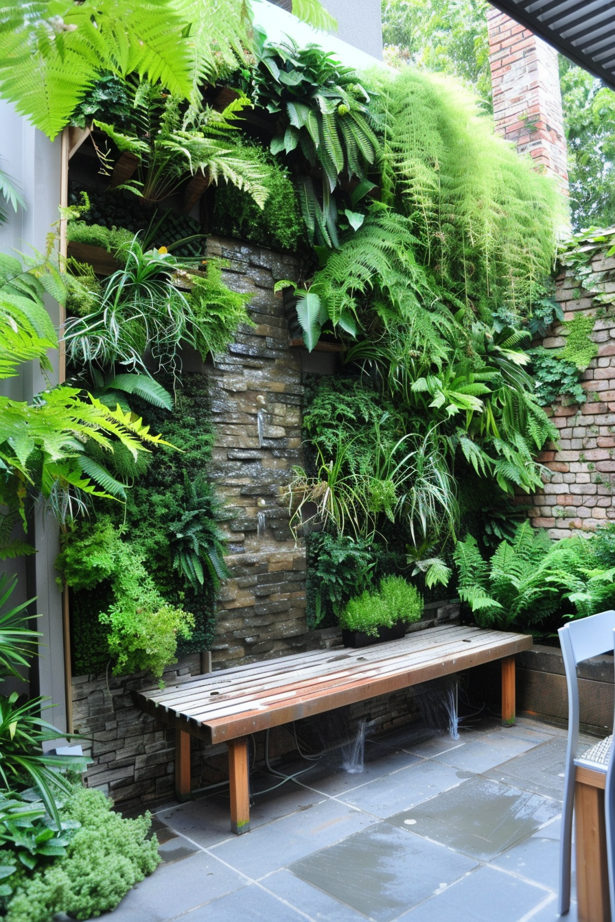 A lush vertical garden with a variety of ferns and greenery over a stone wall, beside a wooden bench on a tiled patio.