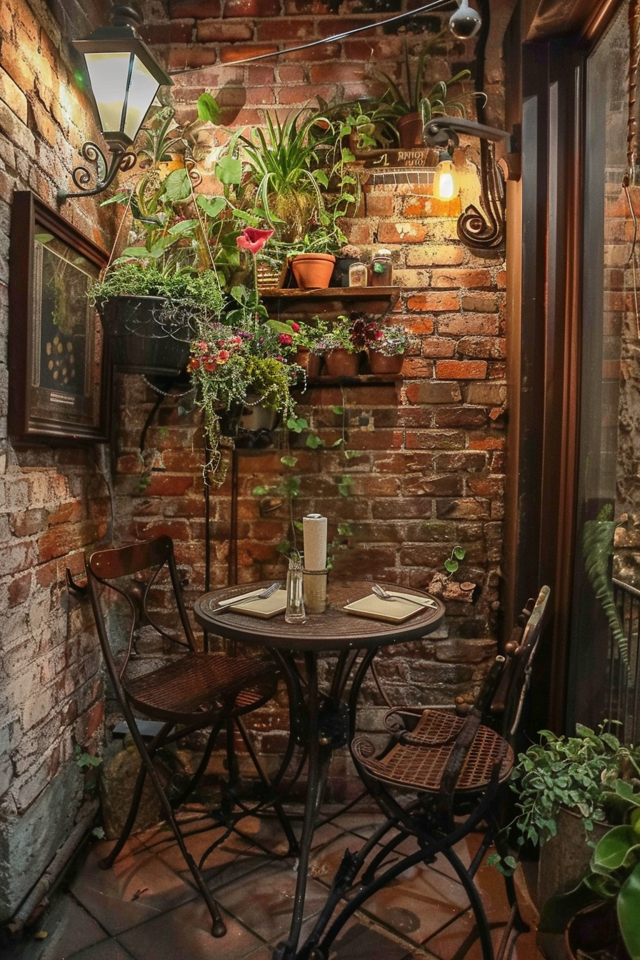 Cozy corner in a cafe with exposed brick walls, wrought iron furniture, and an abundance of green plants under warm lighting.