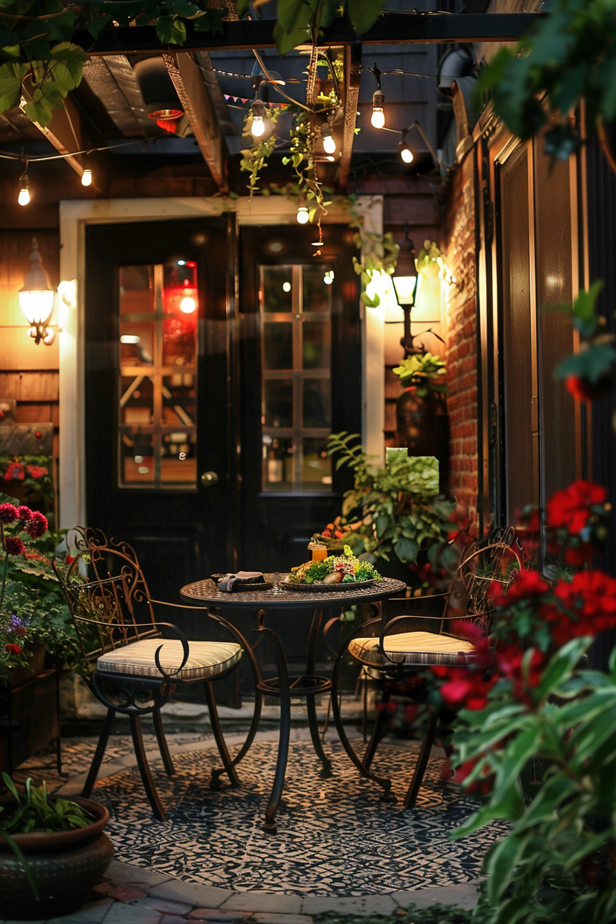 Cozy outdoor patio with string lights, wrought iron furniture, and lush greenery surrounding a set table at dusk.