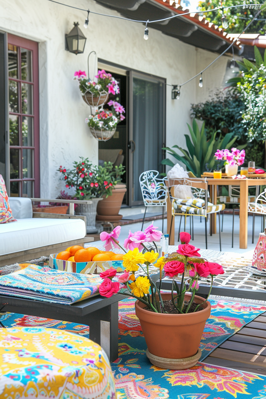 Cozy patio area with colorful rugs and cushions, fresh flowers, hanging plants, and a table set for a meal.