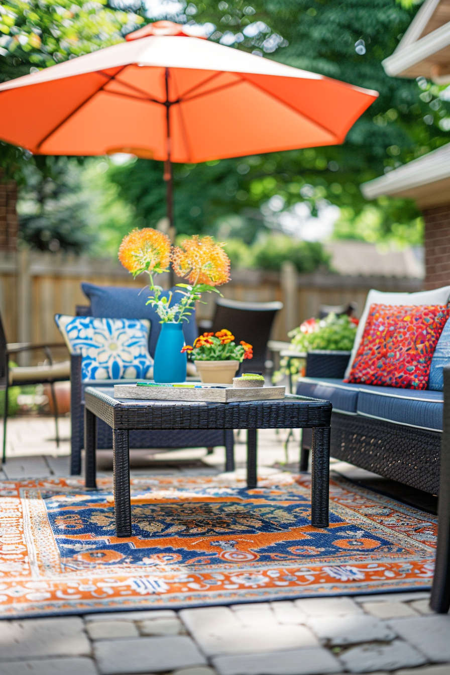 A cozy outdoor patio setting with a black wicker sofa, bright cushions, an orange umbrella, and a vibrant area rug with potted flowers.