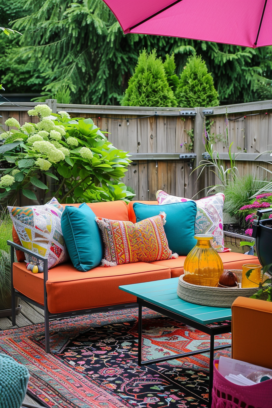 A vibrant outdoor patio with a bright orange sofa, colorful pillows, under a pink umbrella with lush greenery in the background.