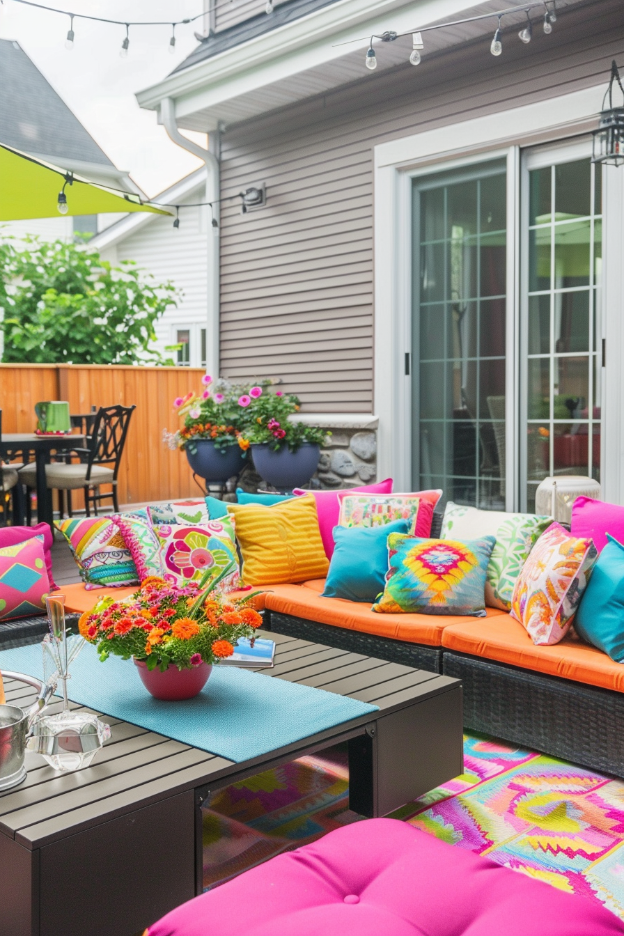 Colorful outdoor patio with vibrant cushions, flowers, and string lights, providing a cozy leisure space by a house.