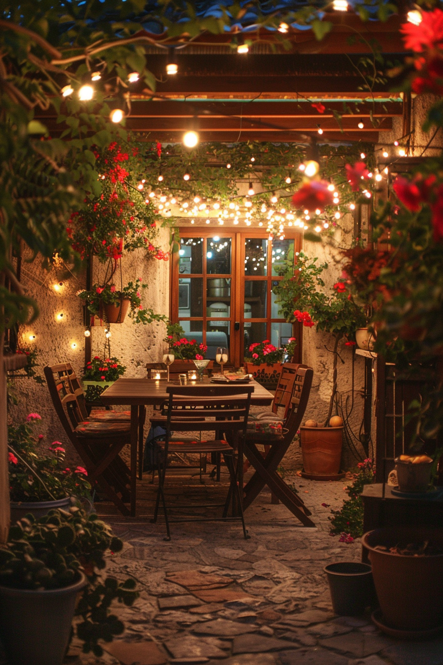 Cozy outdoor patio at dusk with string lights, dining table set for two, and surrounding flowering plants.