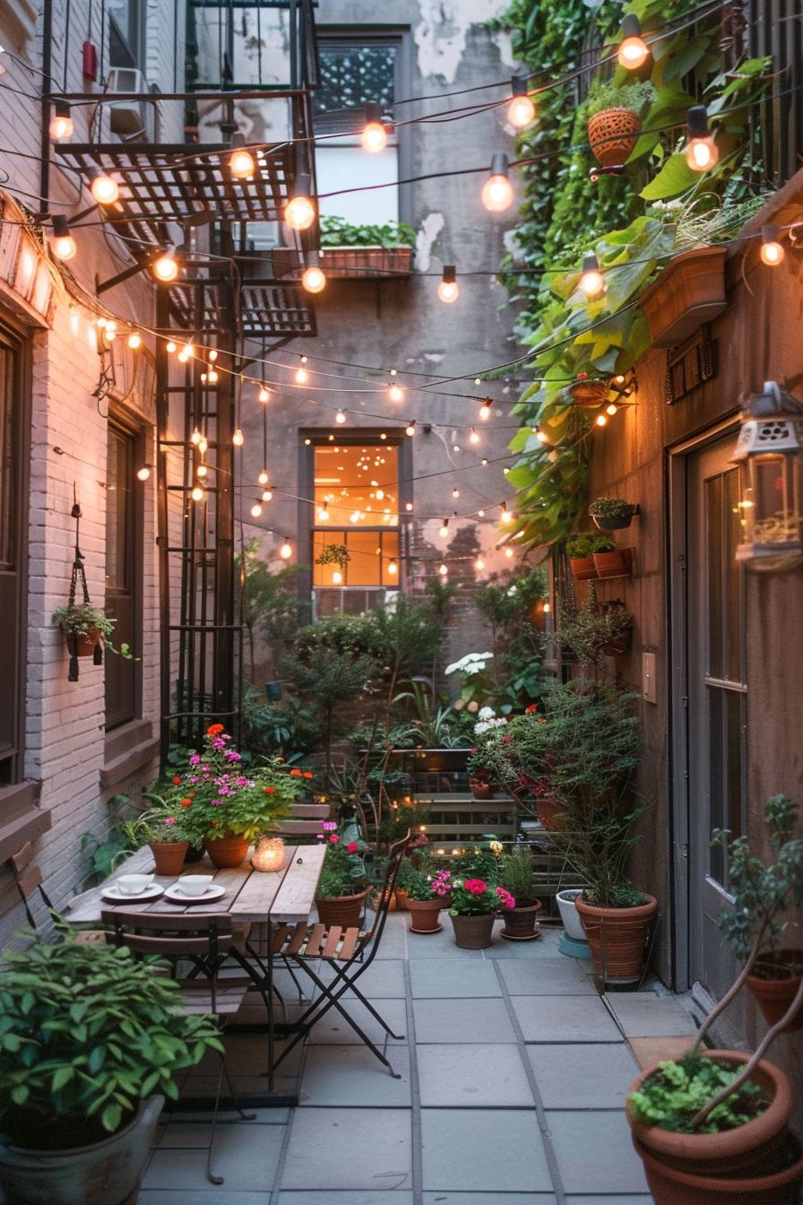 Cozy urban balcony garden with string lights, potted plants, and a set table for two in the evening.