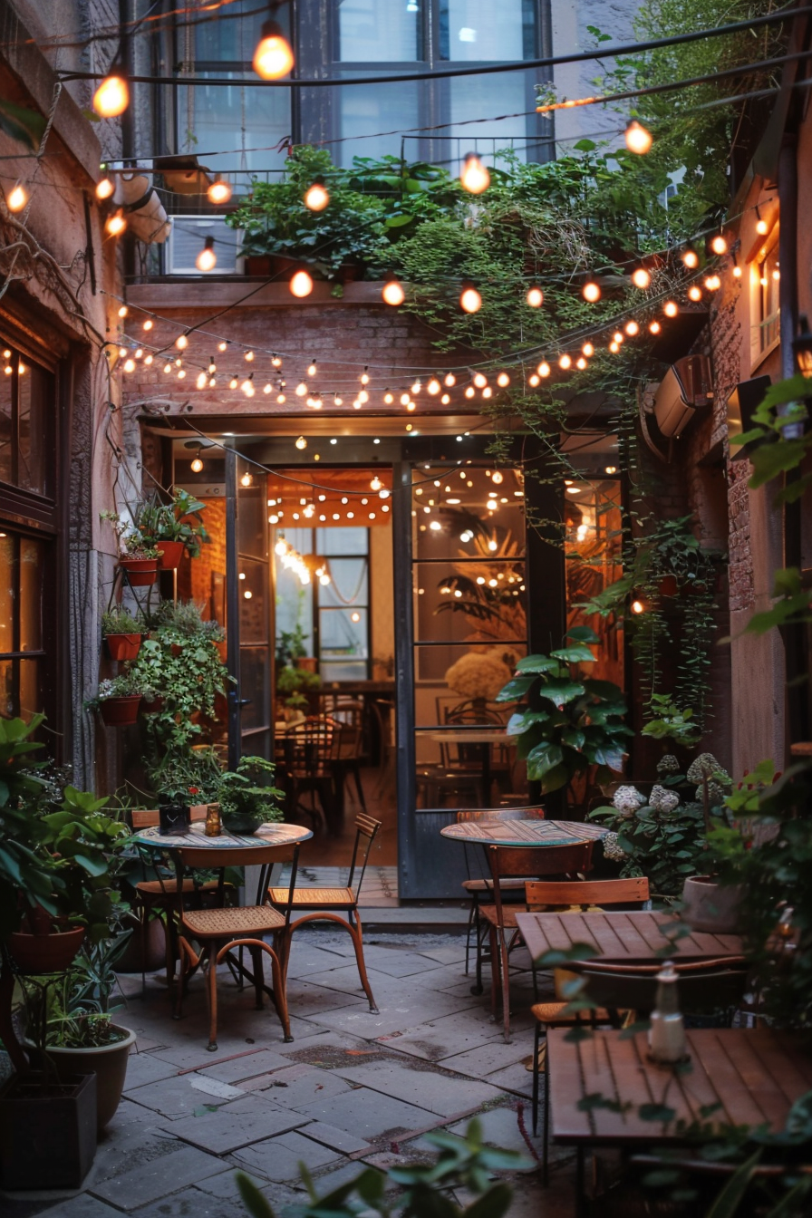 Cozy outdoor cafe patio adorned with string lights, plants, and wooden tables, creating a warm, inviting ambiance.
