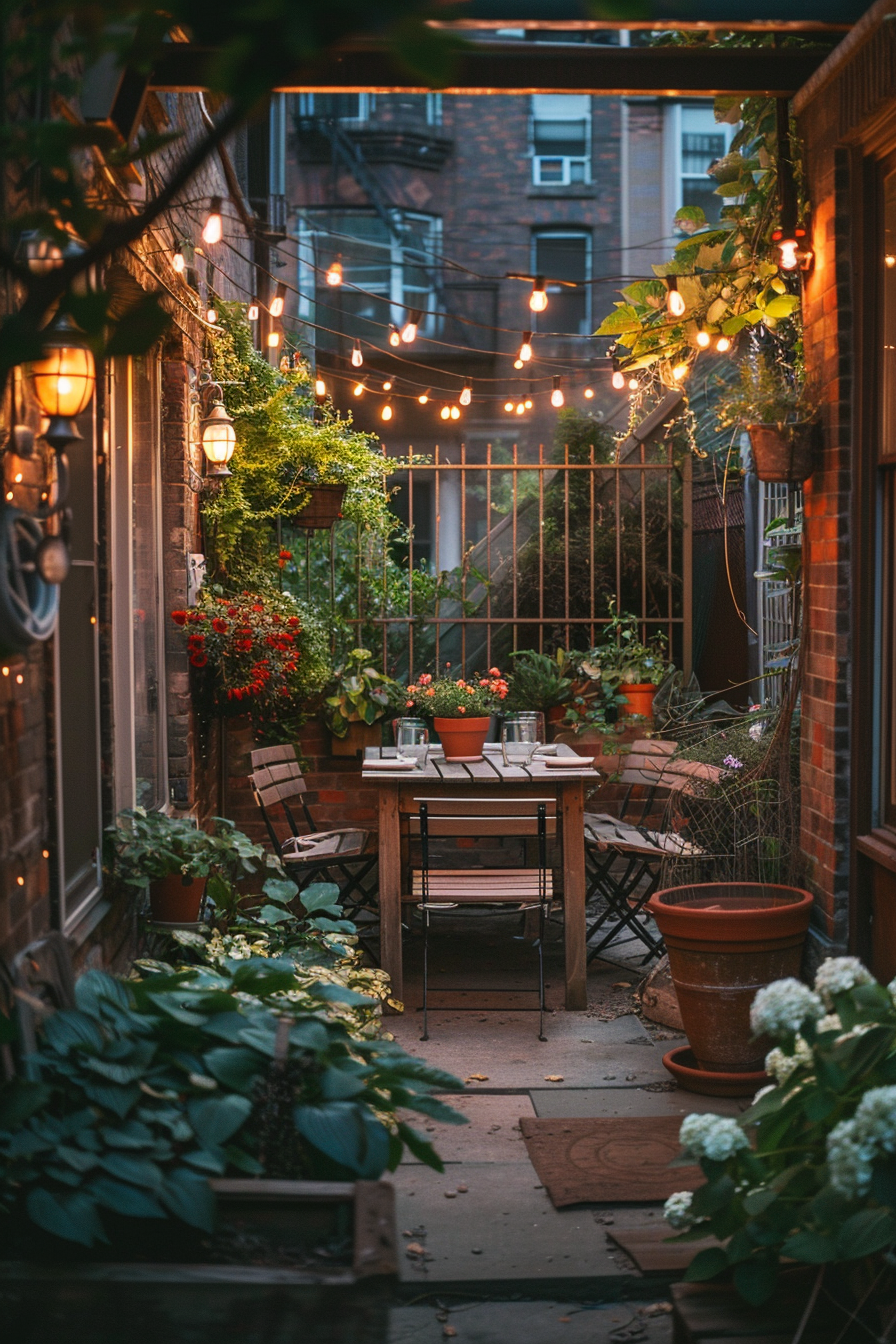 Cozy outdoor patio with string lights, a dining table set, surrounded by potted plants and brick buildings at dusk.