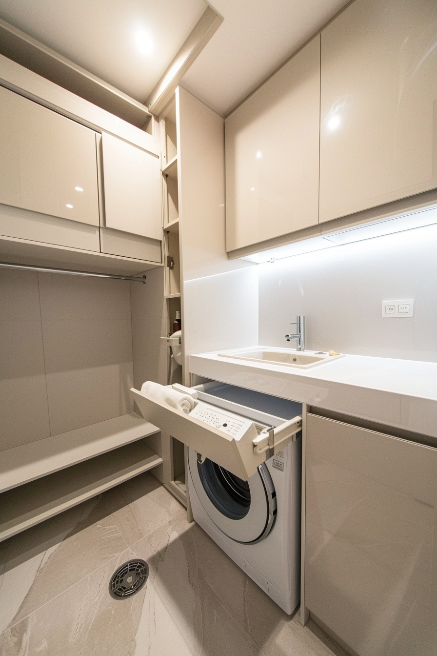 Modern laundry room interior with cabinets, sink, and front-loading washing machine.