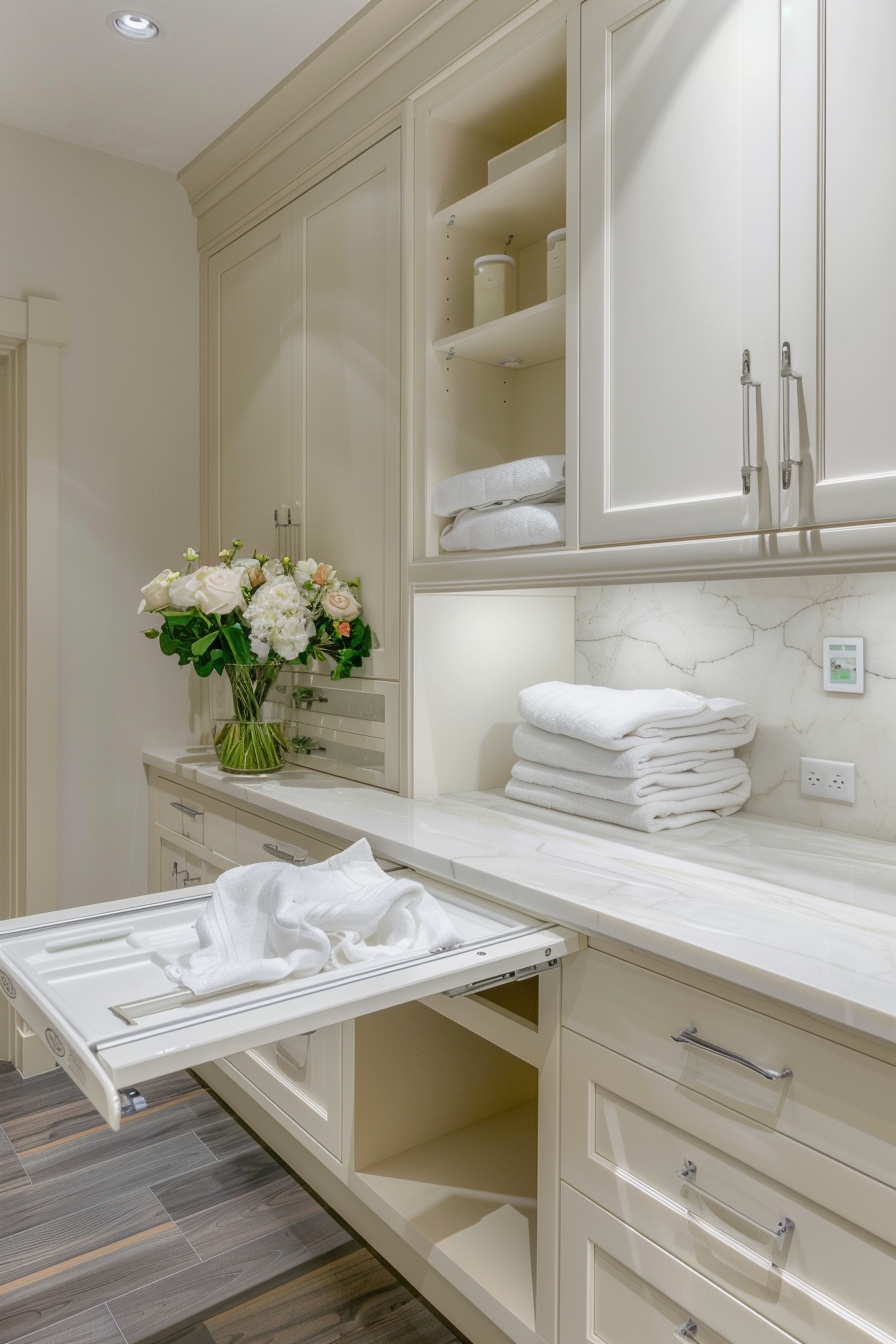Elegant bathroom interior with open cabinetry displaying towels, a bouquet of flowers, and a pull-out laundry hamper.