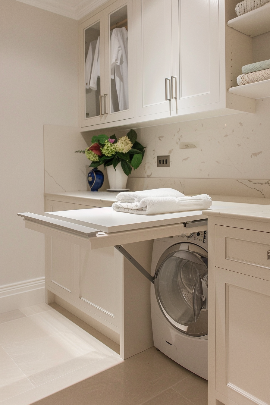 Elegant laundry room with white cabinetry, built-in washing machine, and a pull-down ironing board.