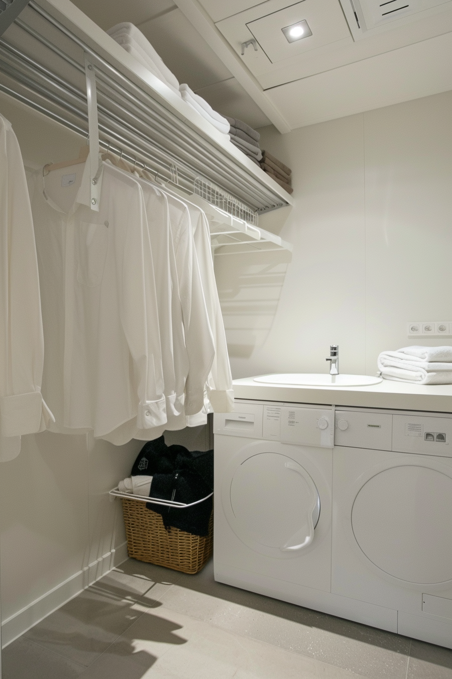 A neat laundry room with white shirts hanging, towels on a shelf, washer, dryer, and a laundry basket.