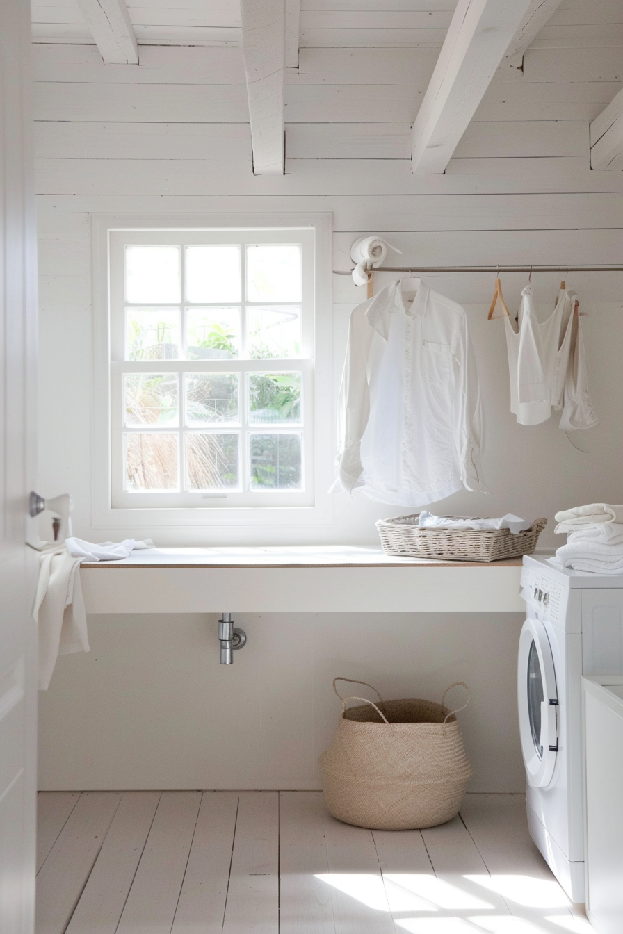 Bright laundry room with white walls, a window, hanging clothes, washing machine, and wicker baskets.