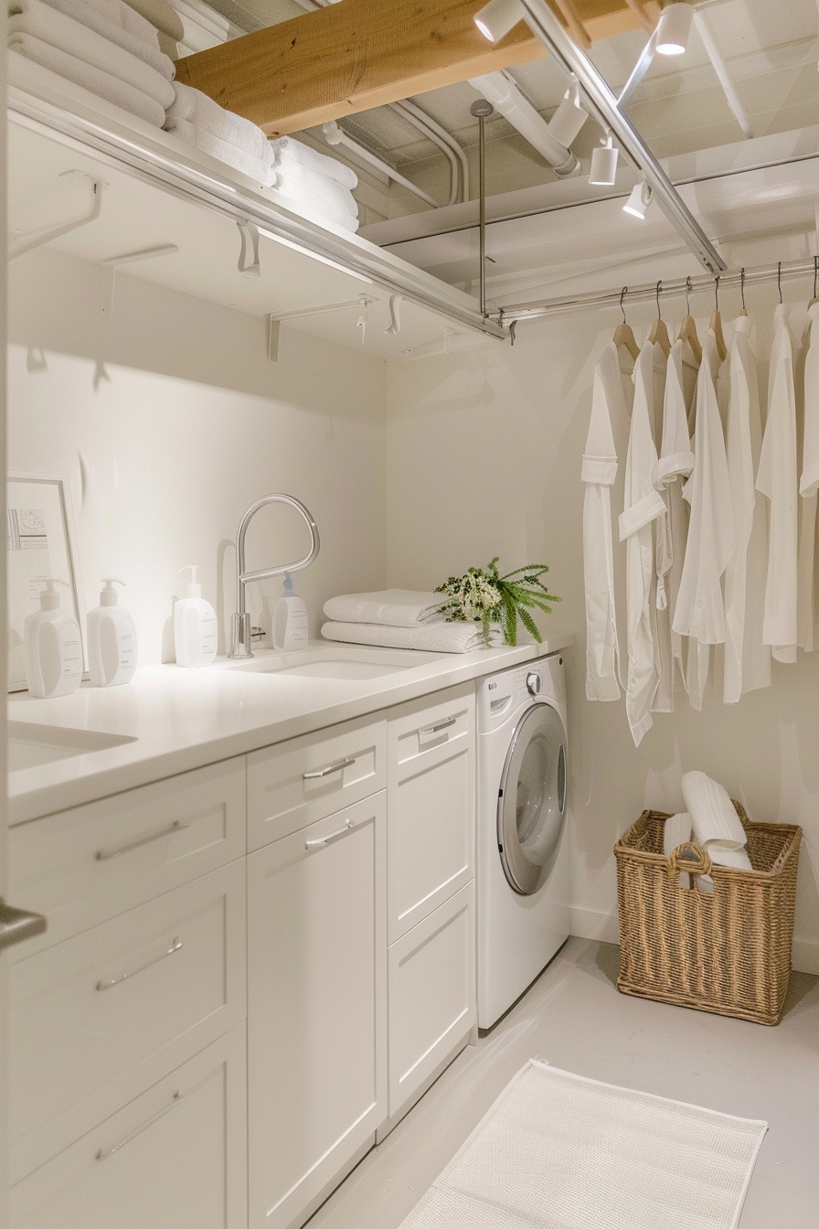 A neat laundry room with a washing machine, white cabinetry, hanging white robes, and towels on shelves.