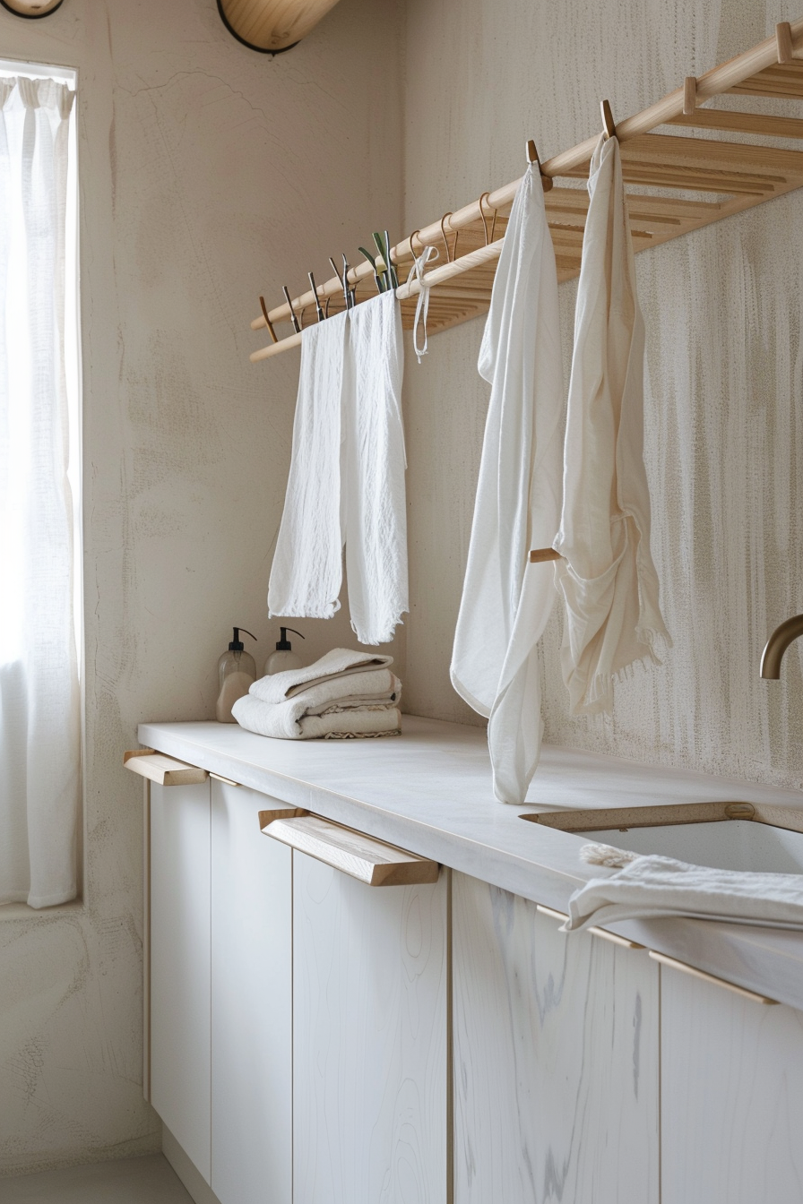 A serene bathroom interior with white linens hanging on wooden pegs above a white cabinet with folded towels and soap dispensers.