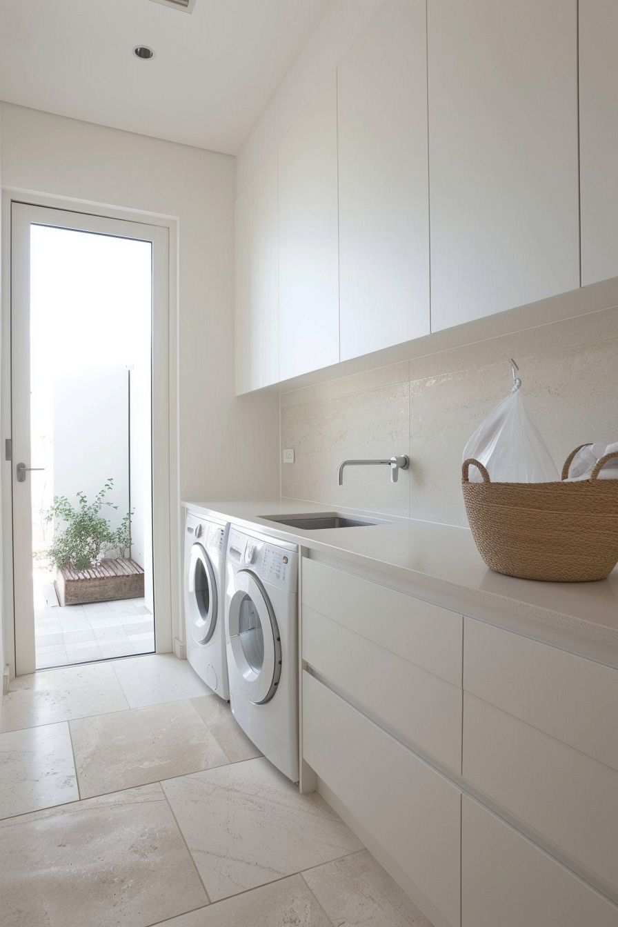 Modern laundry room with washing machines, white cabinets, and a door leading to an outdoor area.