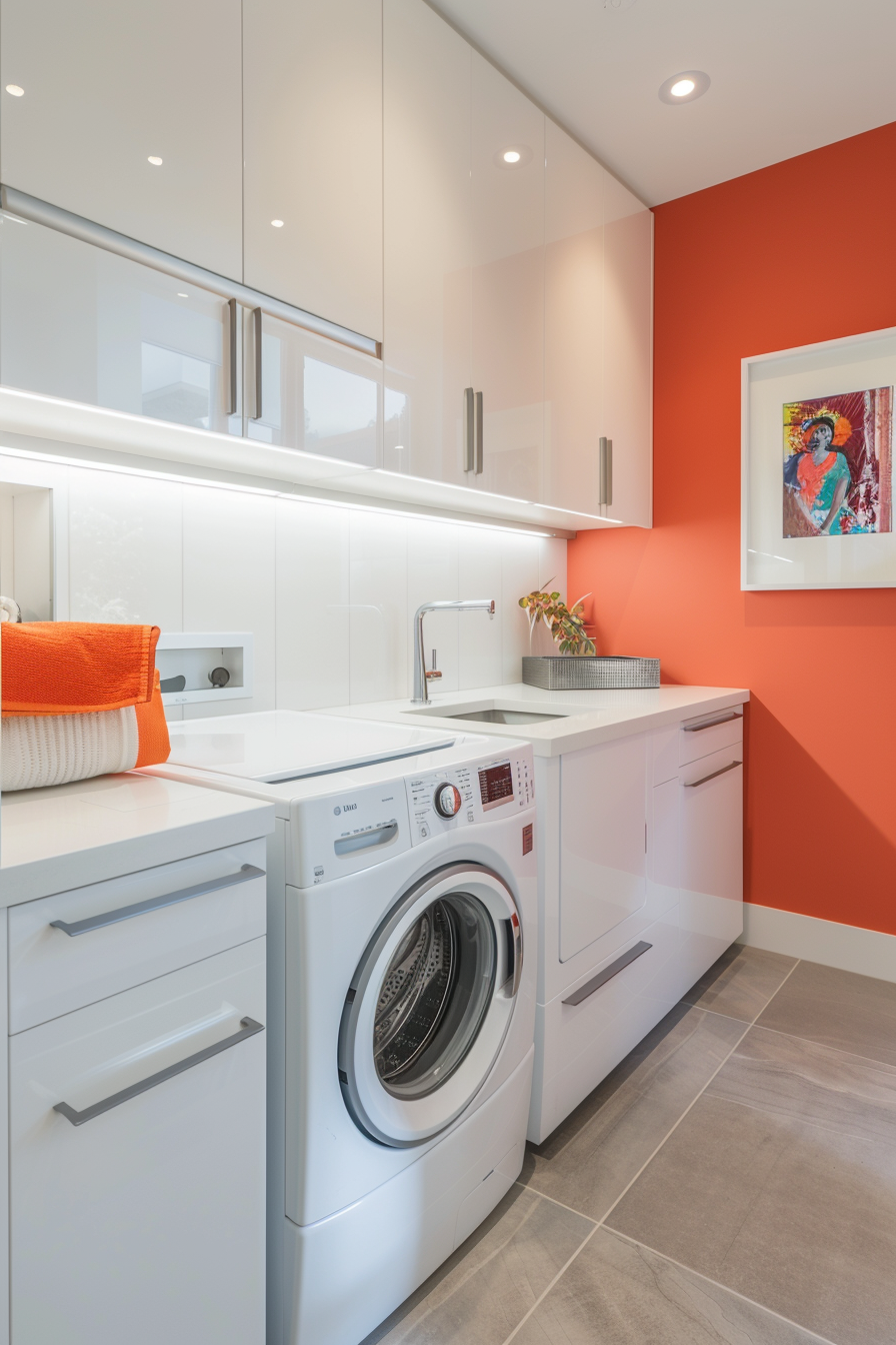 Modern laundry room with white cabinets, washing machine, and red accent wall with artwork.