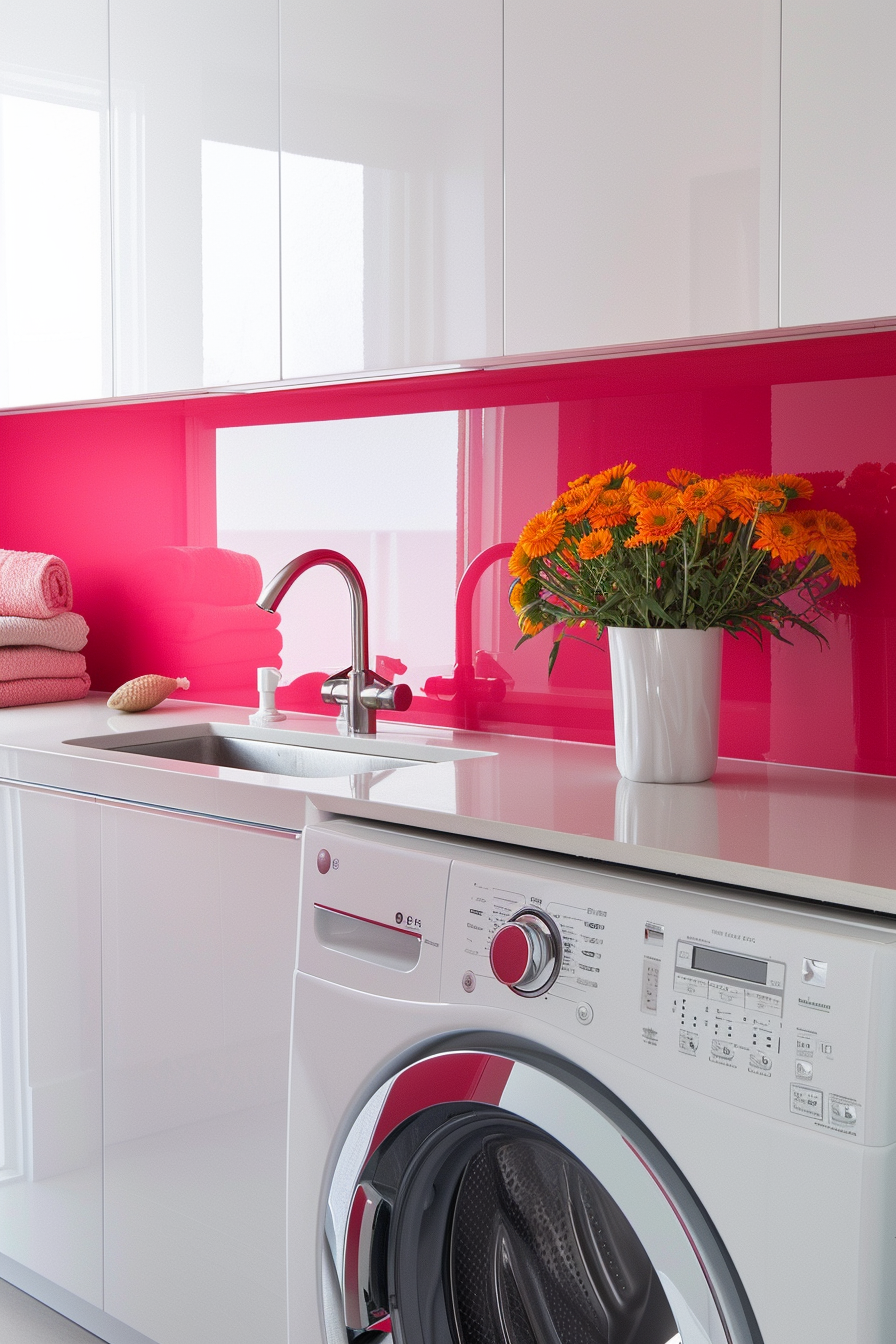 Modern laundry room with vibrant pink backsplash, flowers in a vase, washing machine, and white cabinets.