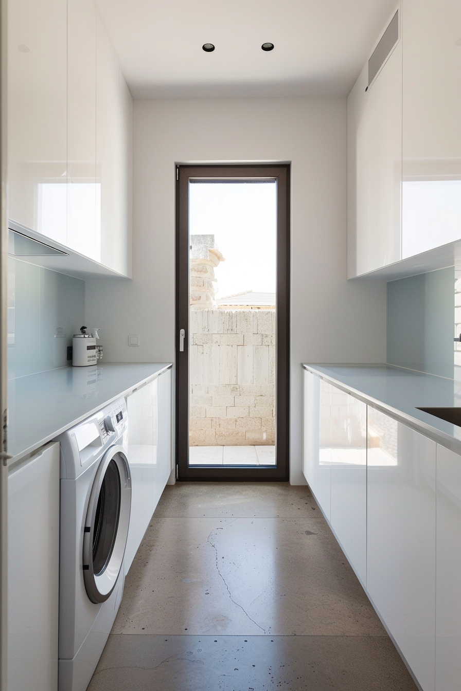 Modern laundry room with white cabinets, washing machine, and a tall window door leading outside.