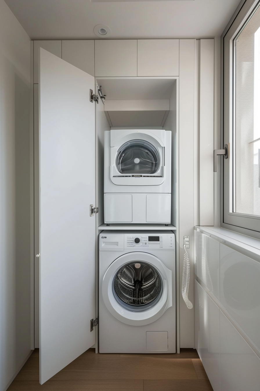 Stacked washer and dryer in a modern laundry closet with open door, adjacent to a window and bathtub.