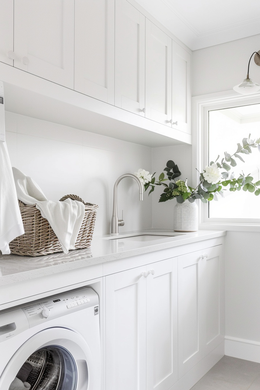 A modern laundry room with white cabinets, a washing machine, and a basket with a towel next to a sink with flowers.