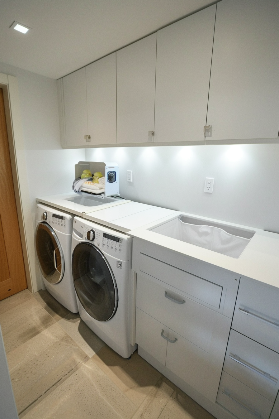 Modern laundry room with front-loading washer and dryer, white cabinetry, and built-in sink.