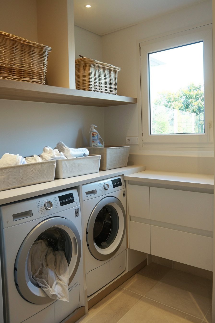 Modern laundry room with washing machines and wicker baskets on shelves, towels inside a basket, and a window with a view outside.