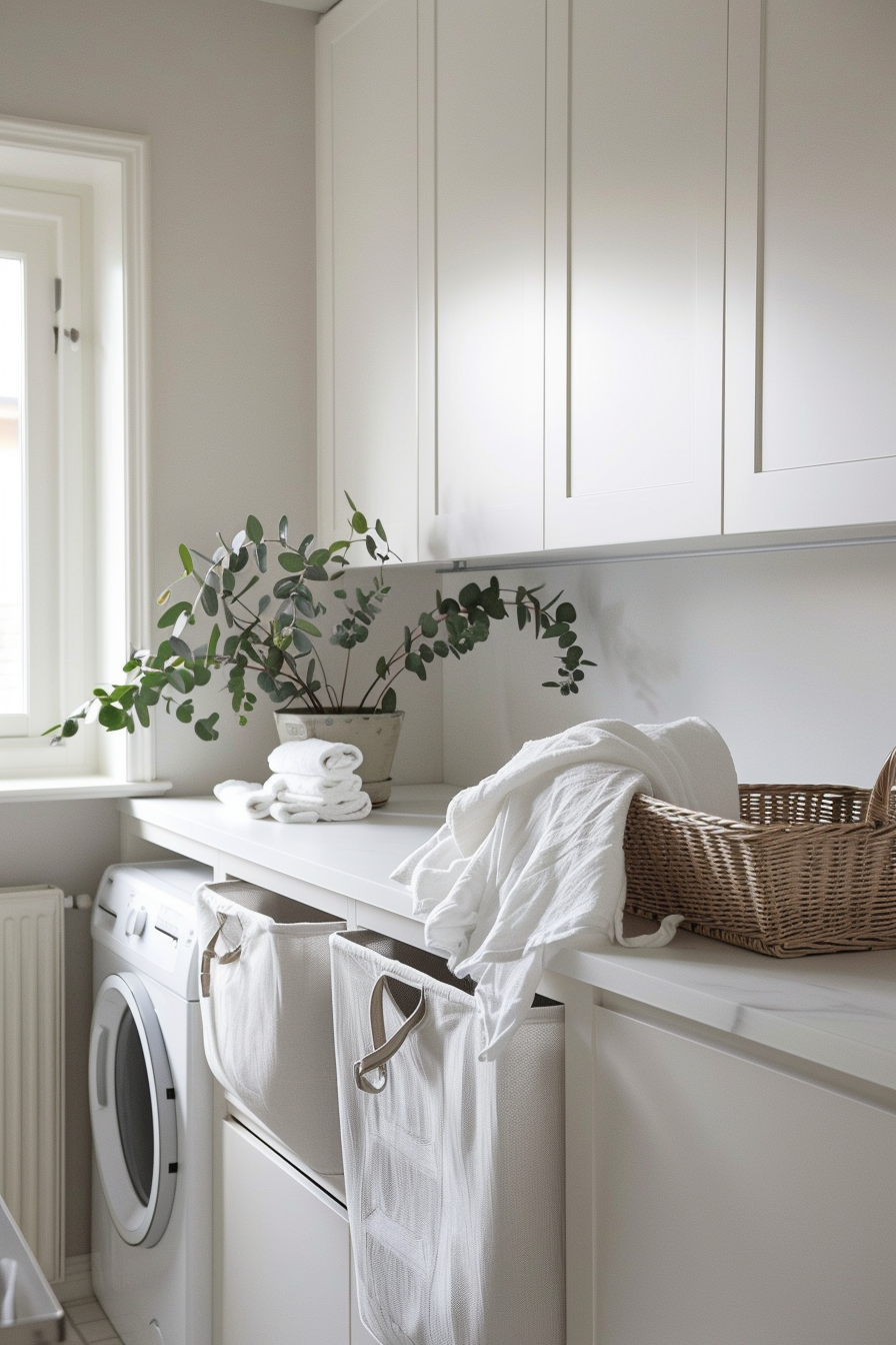 Modern laundry room with white cabinetry, front-loading washer, and decorative plant.