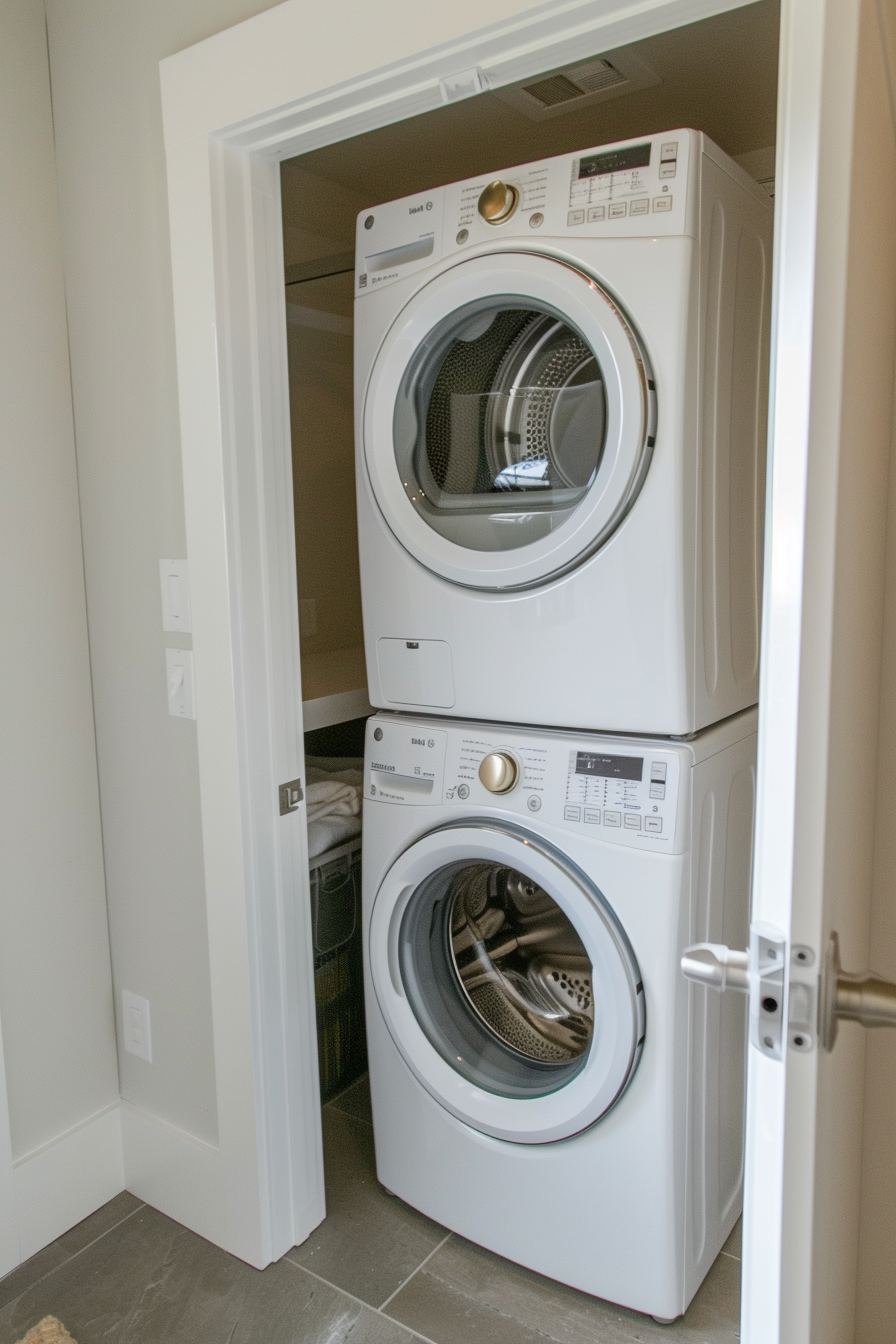 Stacked white washing machine and dryer in a small laundry closet with tiled flooring.