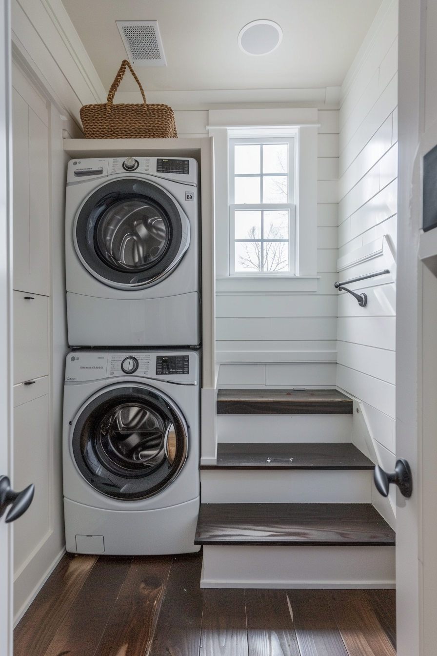 A laundry room with stacked washer and dryer next to a window and wooden stairs, with a wicker basket on top.