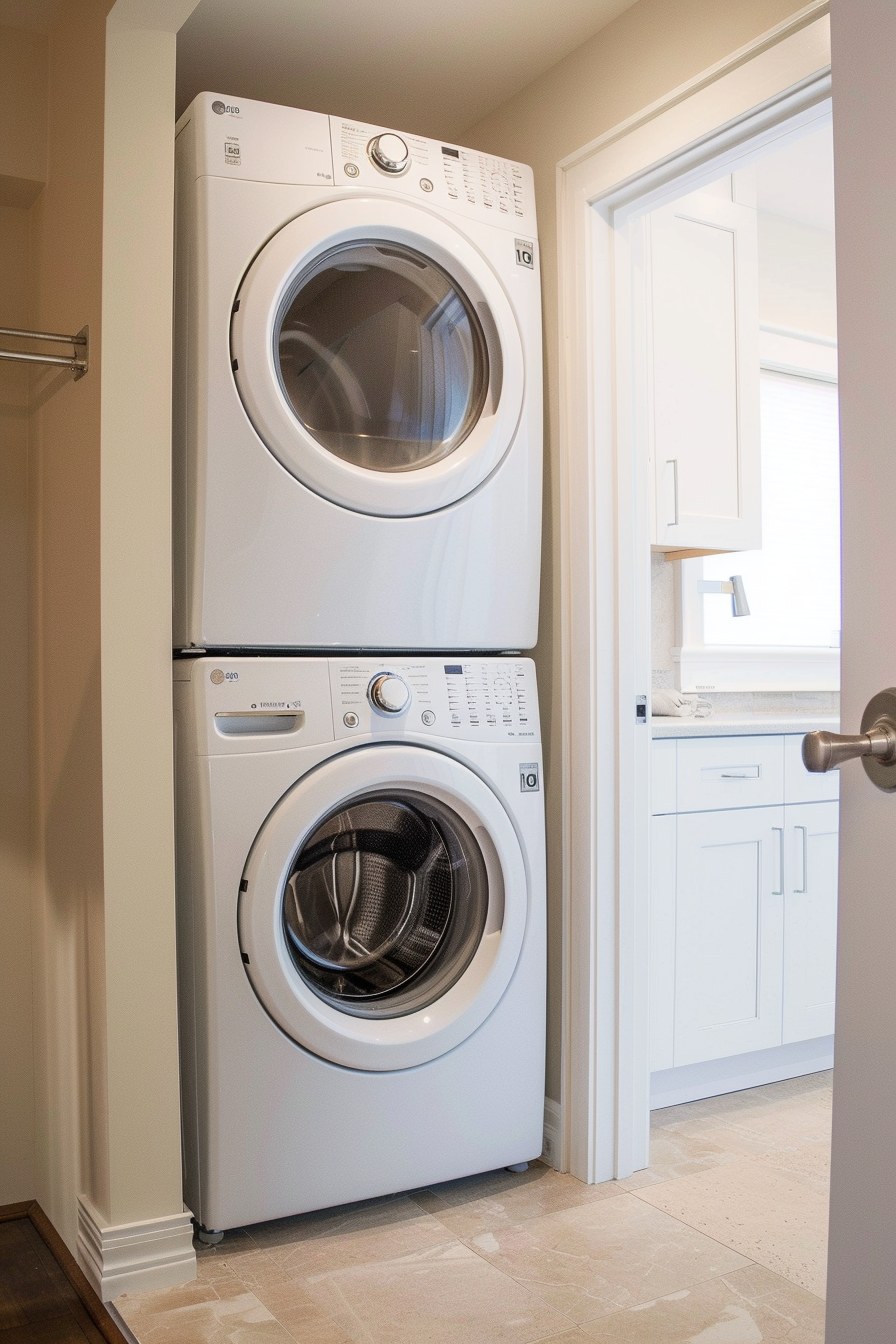 Stacked white washing machine and dryer in a tidy laundry room with cabinets.