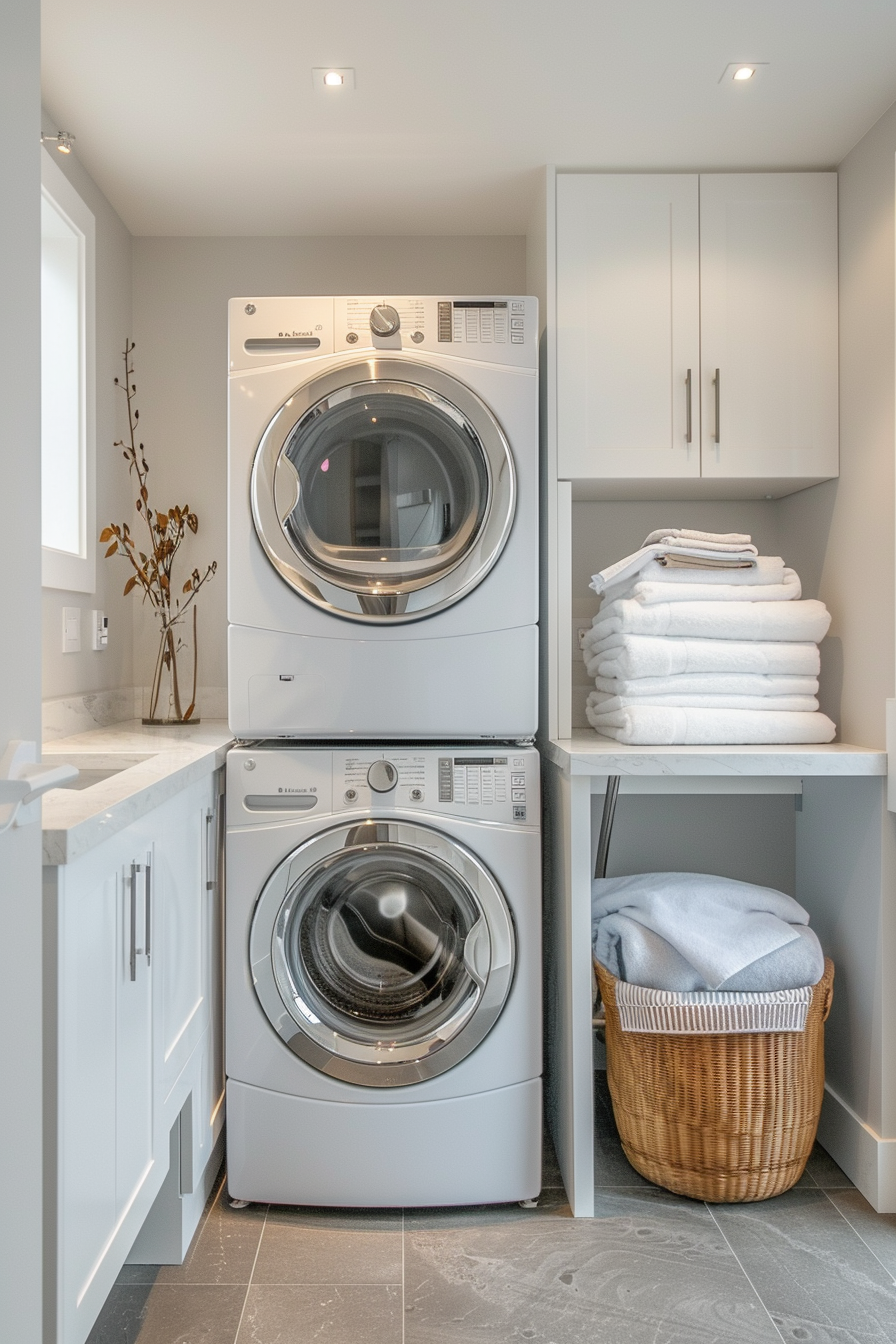 Modern laundry room with stacked washer and dryer, white cabinetry, and neatly folded towels on shelves.