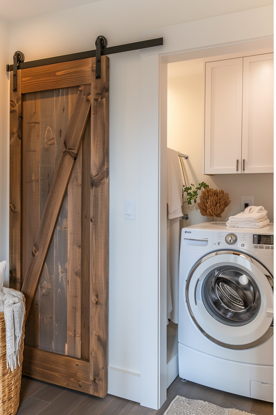 Modern laundry room with sliding barn door, white cabinetry, and front-loading washing machine.