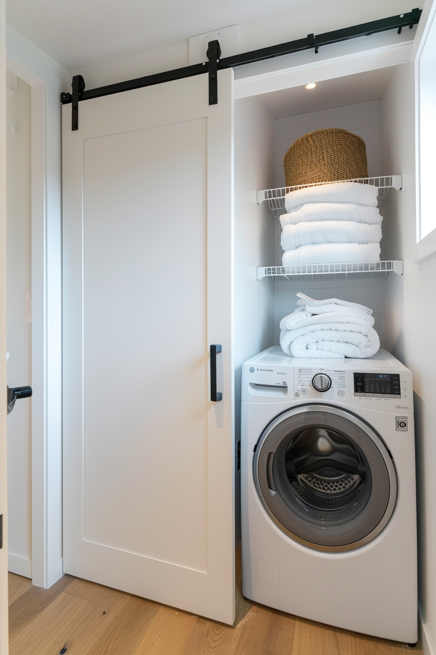 Modern laundry closet with sliding barn door, front-loading washer, and neatly organized shelves with towels and baskets.