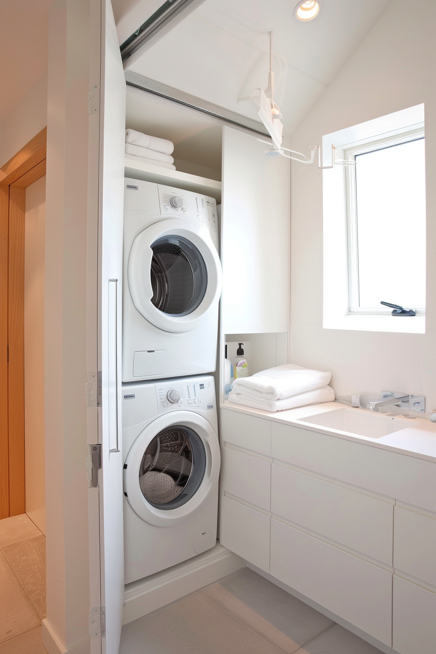 Stacked washing machine and dryer in a bright, modern laundry room with white cabinets and a window.
