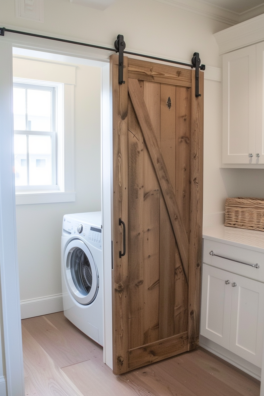A rustic barn door on sliding hardware in a laundry room with a white washing machine and built-in cabinets.